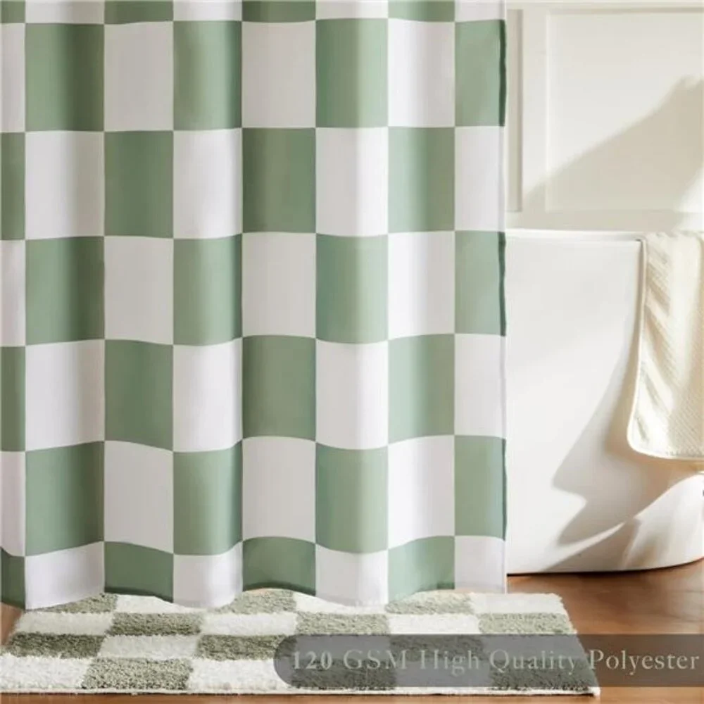 Checkered Shower Curtain, Sage Green Shower Curtains for Bathroom, Cute Retro